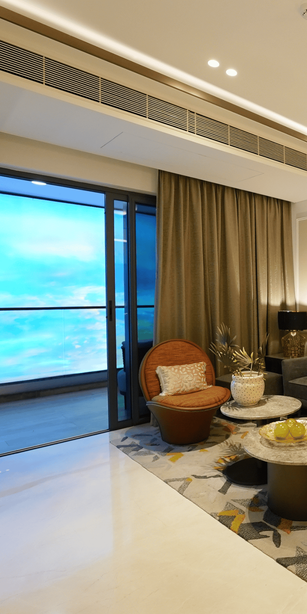 Luxury apartment panoramic view right section floor-to-ceiling windows